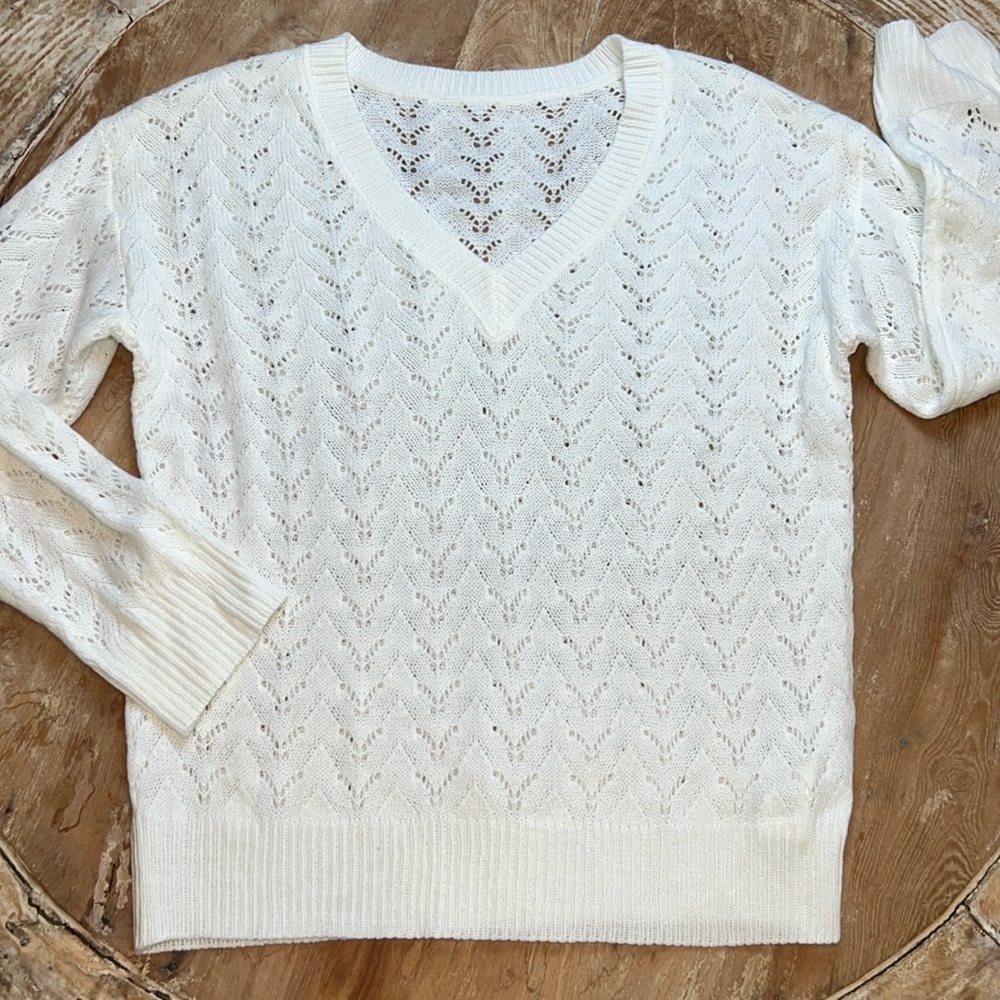 WHITE V-Neck Eyelet Sweater, Size S, NWOT